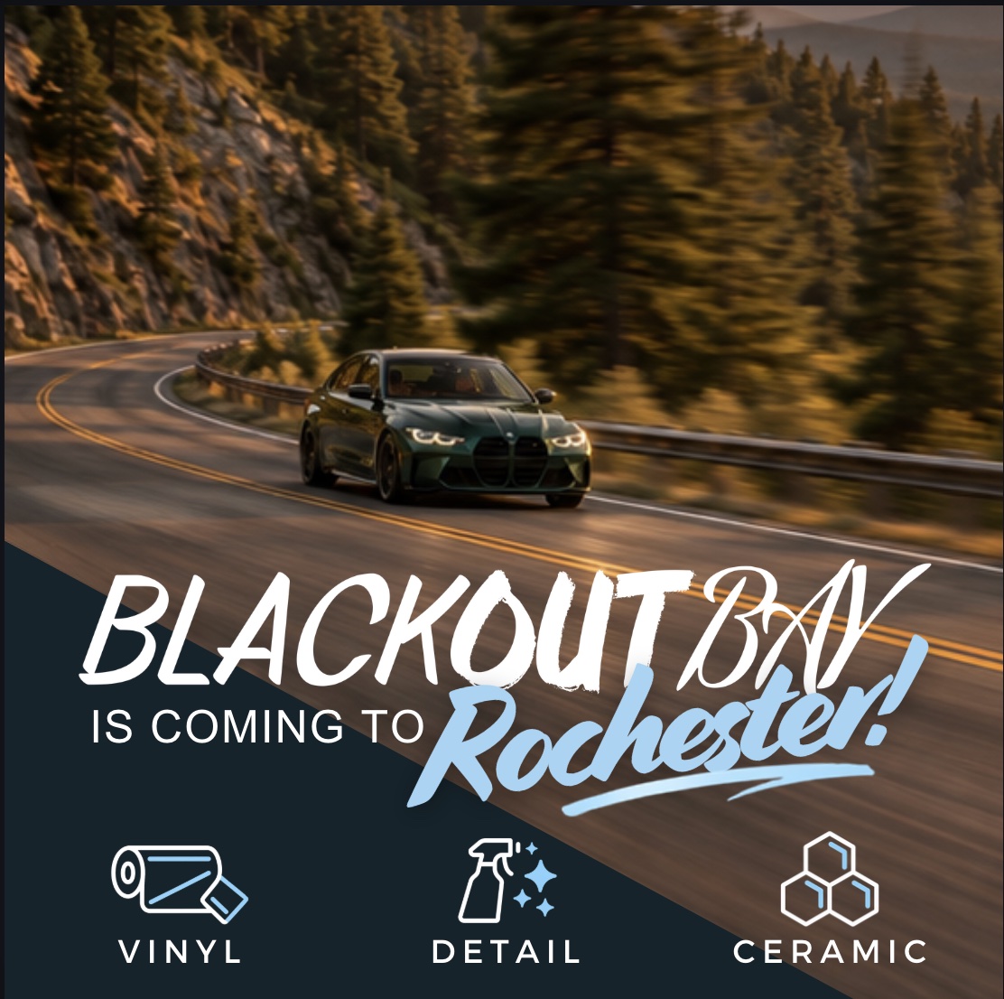 Blackout Bay is coming to Rochester: vinyl, detail, and ceramic. A green sports sedan on a winding road.